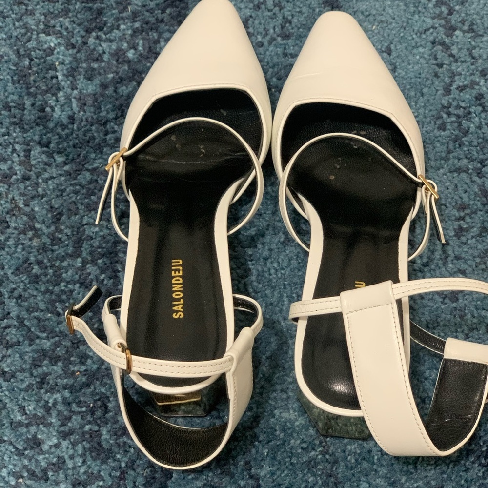 Salondeju White Two Straps Slingback Heels Pumps